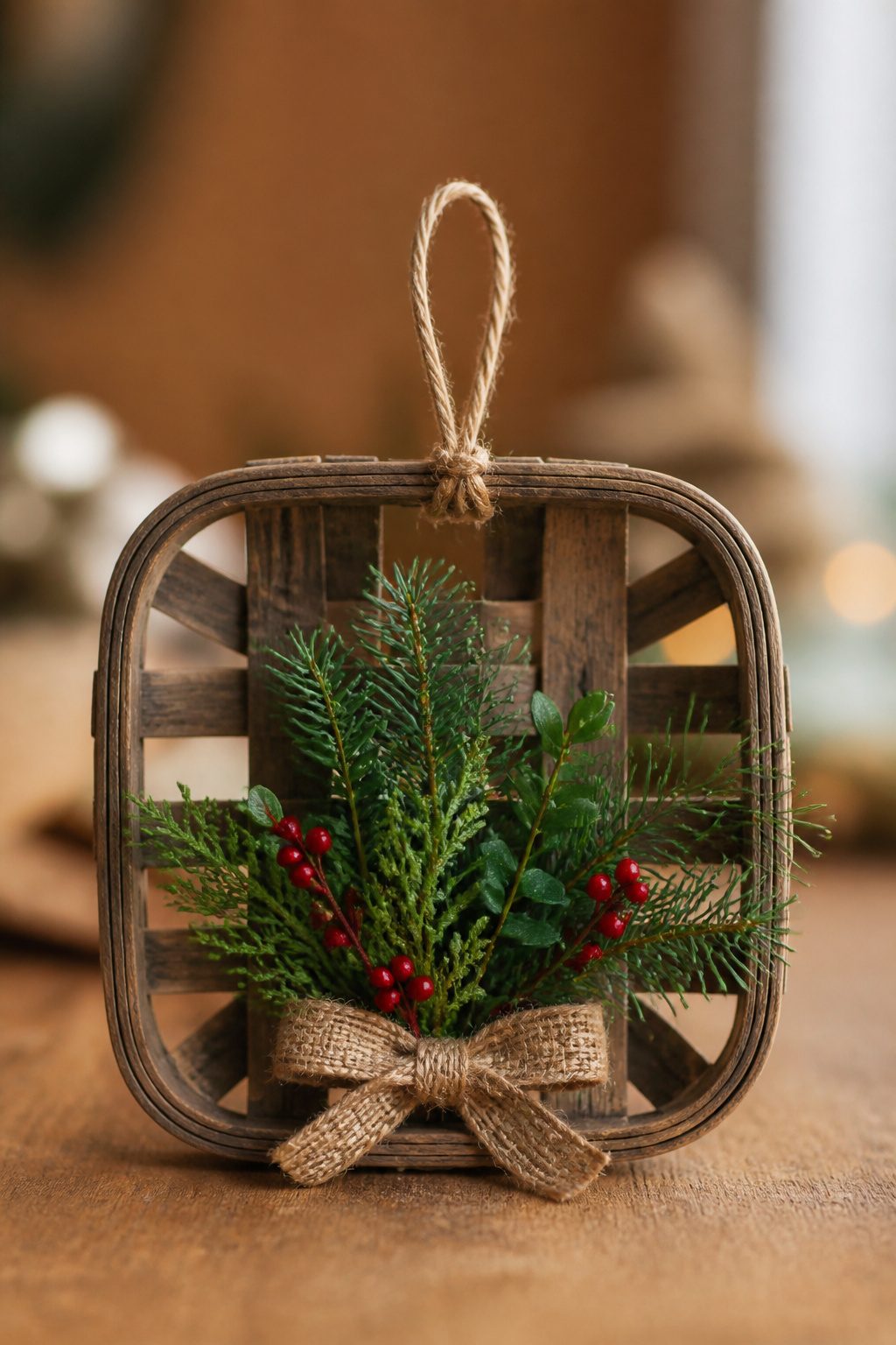 Tobacco Basket Christmas Wreath: 6 Steps for a Farmhouse Holiday Look 11 Miniature tobacco basket ornaments decorated with greenery and berries.