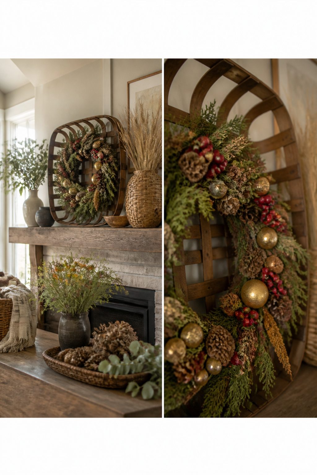 Tobacco Basket Christmas Wreath: 6 Steps for a Farmhouse Holiday Look 9 A tobacco basket wreath showcasing seasonal decorations.