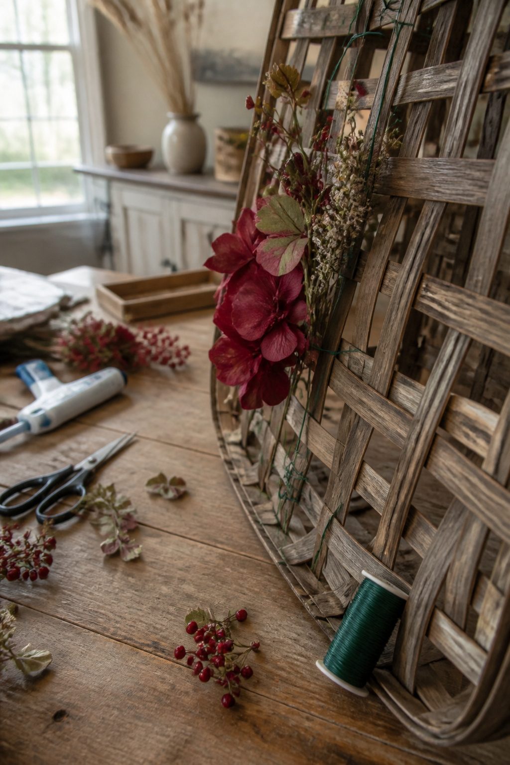 Tobacco Basket Christmas Wreath: 6 Steps for a Farmhouse Holiday Look 5 Floral wire being used to attach decorations to a tobacco basket wreath.