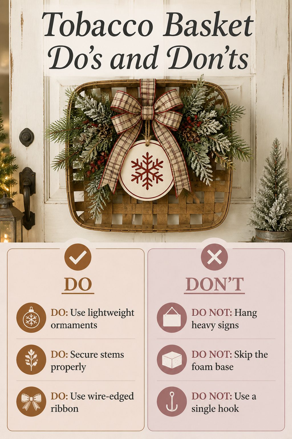 Tobacco Basket Christmas Wreath: 6 Steps for a Farmhouse Holiday Look 12 An image highlighting do's and don'ts for decorating a tobacco basket.