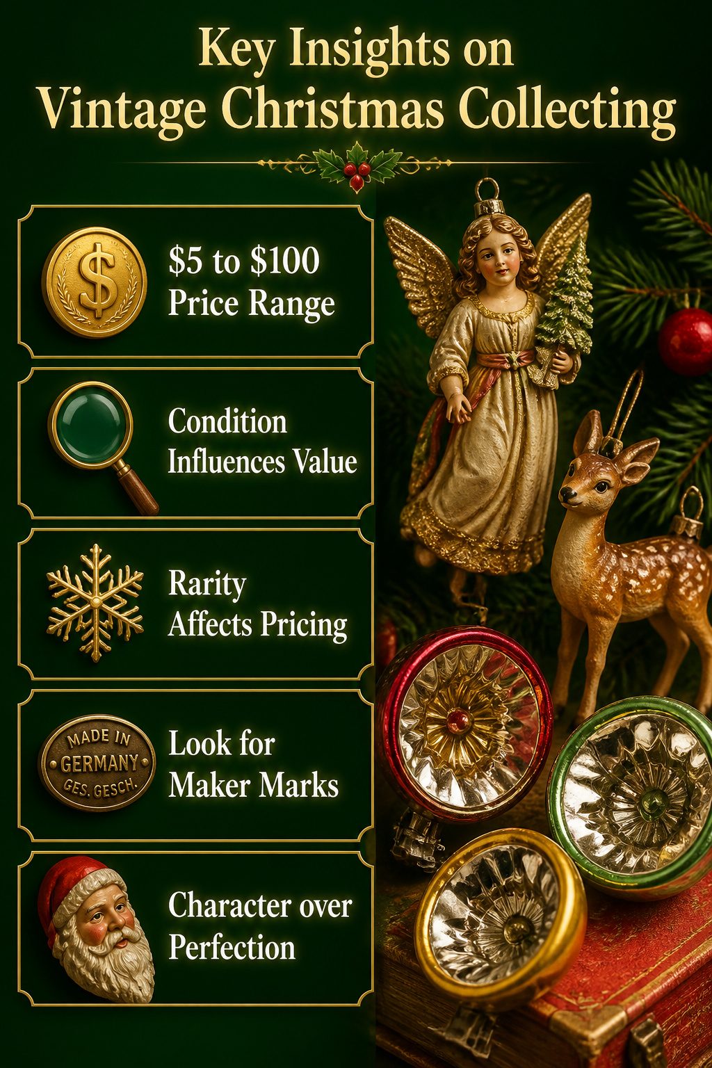 Vintage Christmas Display: Ornaments, Trees, Cards & Ephemera 27 Information about pricing and value for vintage Christmas collectibles.