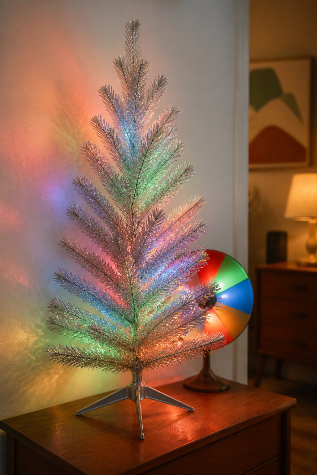 Vintage Christmas Display: Ornaments, Trees, Cards & Ephemera 4 A small aluminum tree with a color wheel illuminating its branches.