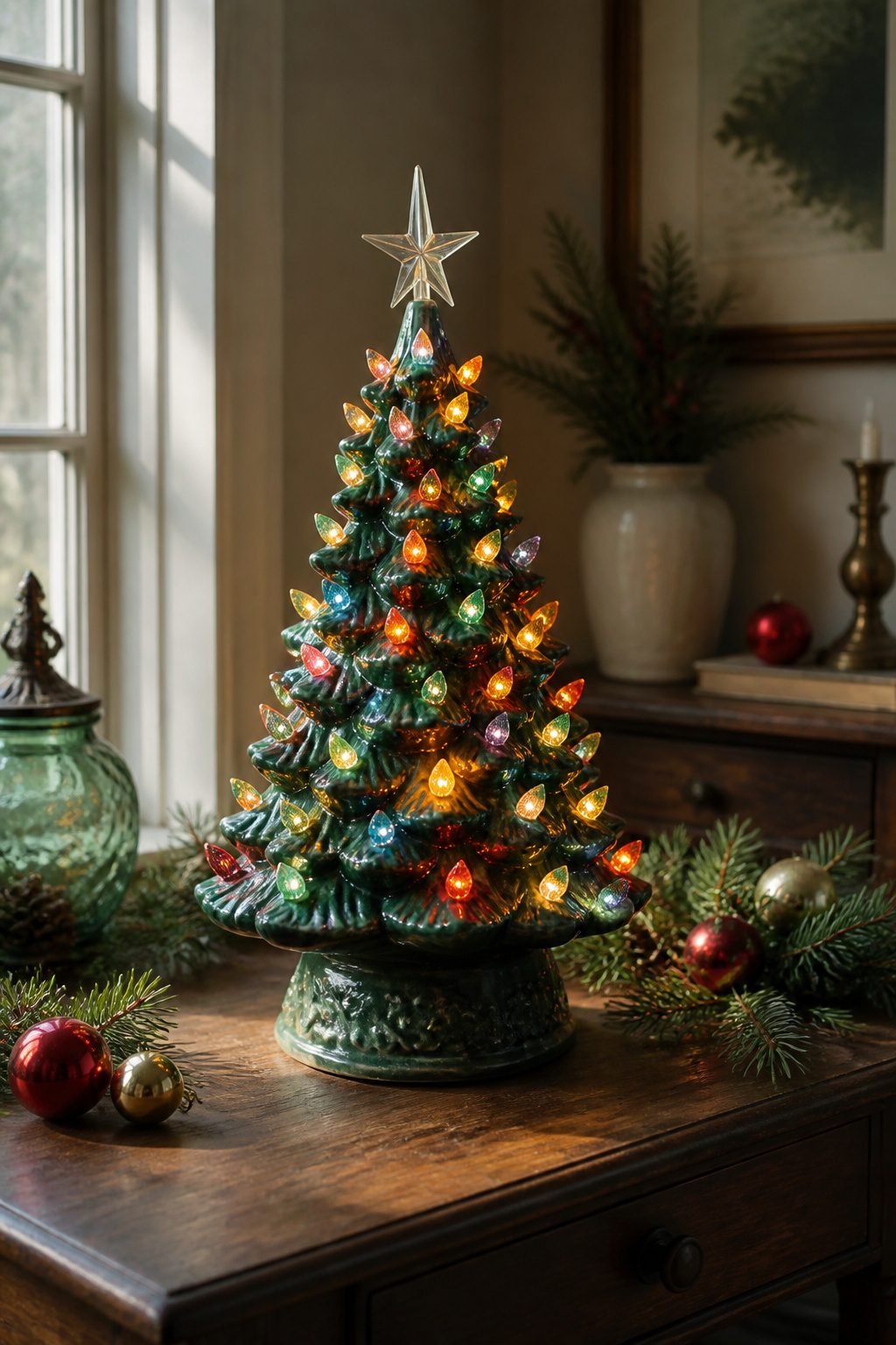 Vintage Christmas Display: Ornaments, Trees, Cards & Ephemera 14 A collection of lighted ceramic trees in varied sizes.