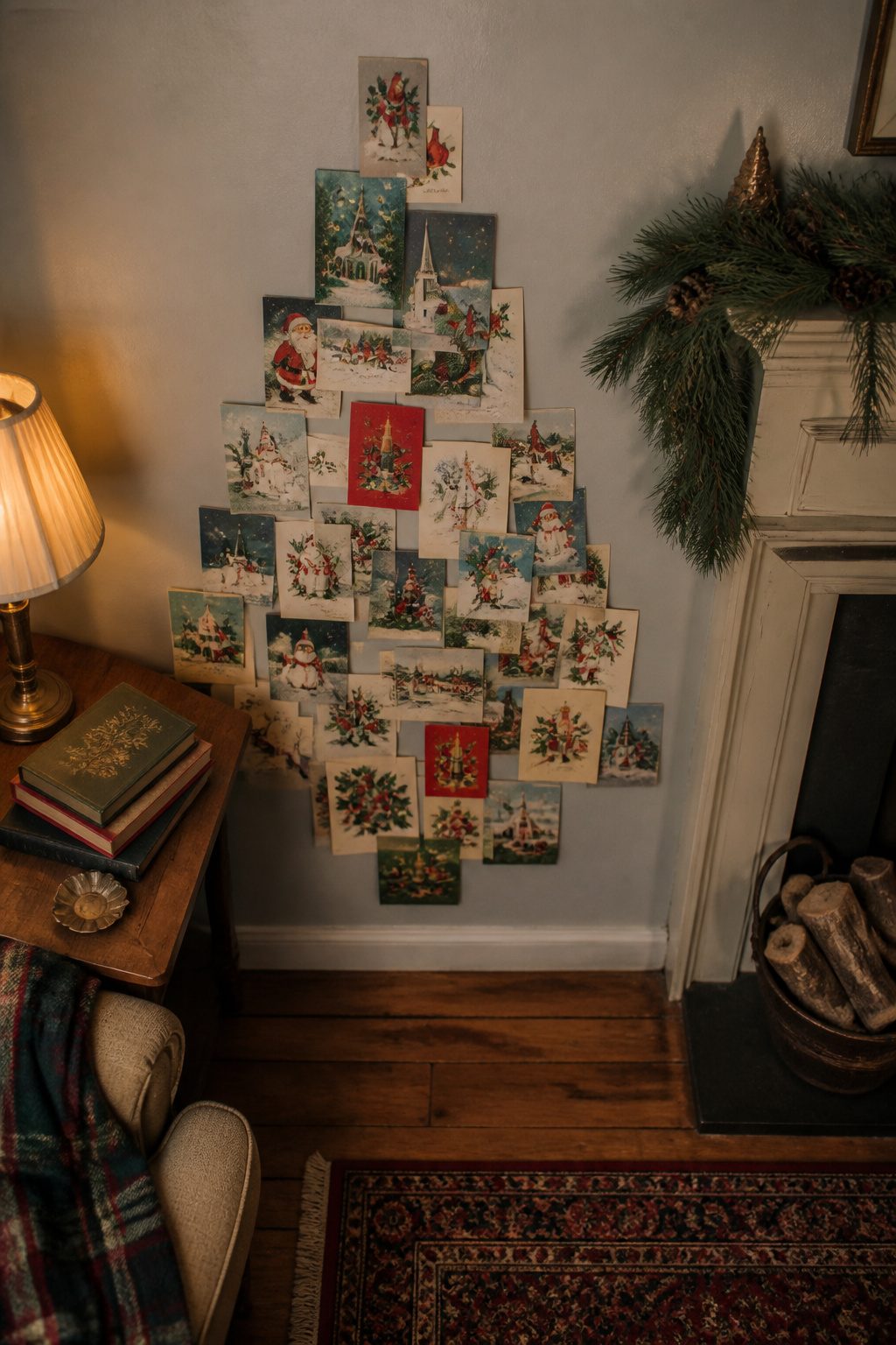 Vintage Christmas Display: Ornaments, Trees, Cards & Ephemera 10 Christmas cards displayed in a tree shape on a wall.
