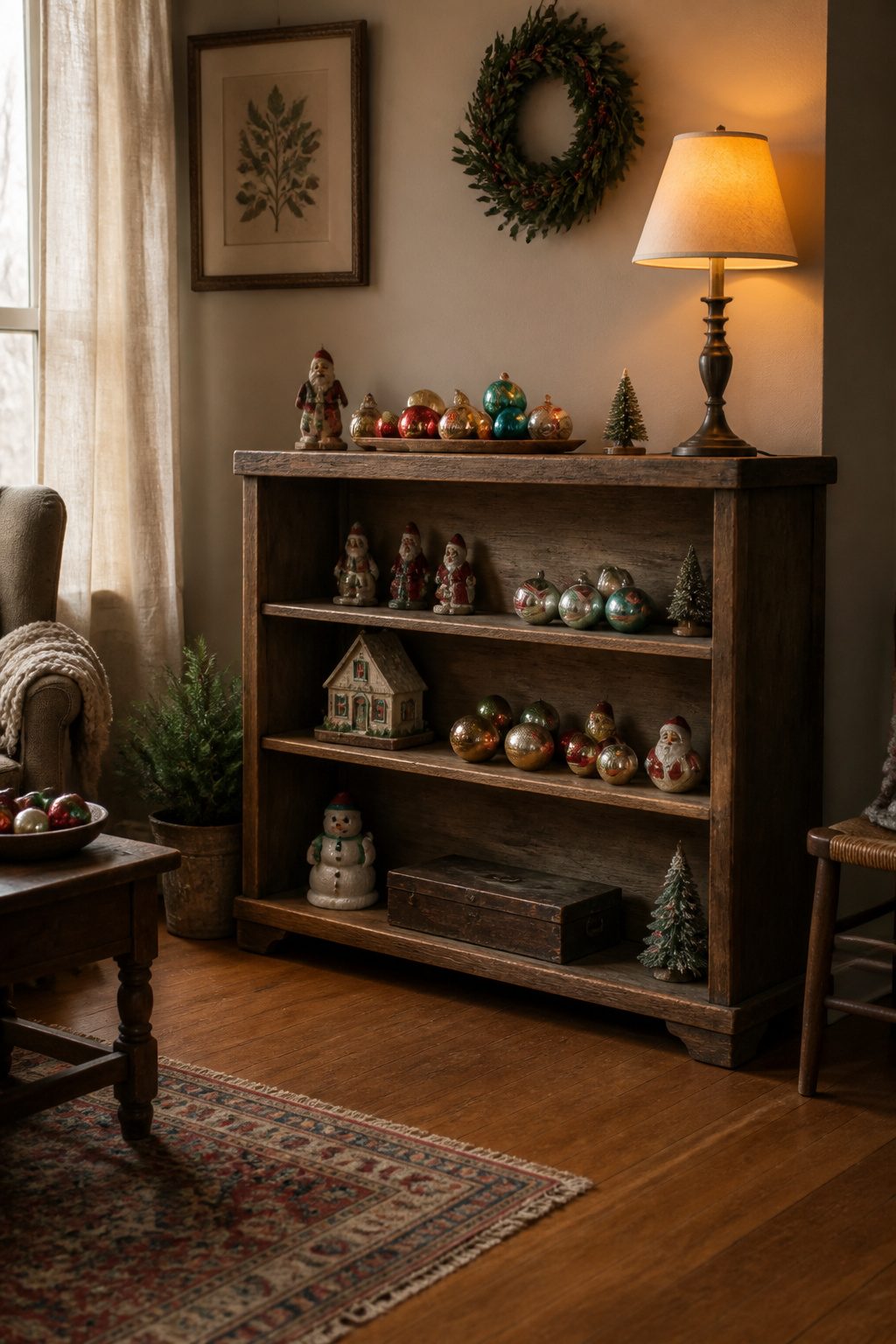 Vintage Christmas Display: Ornaments, Trees, Cards & Ephemera 22 A display of vintage Christmas collectibles on a shelf.