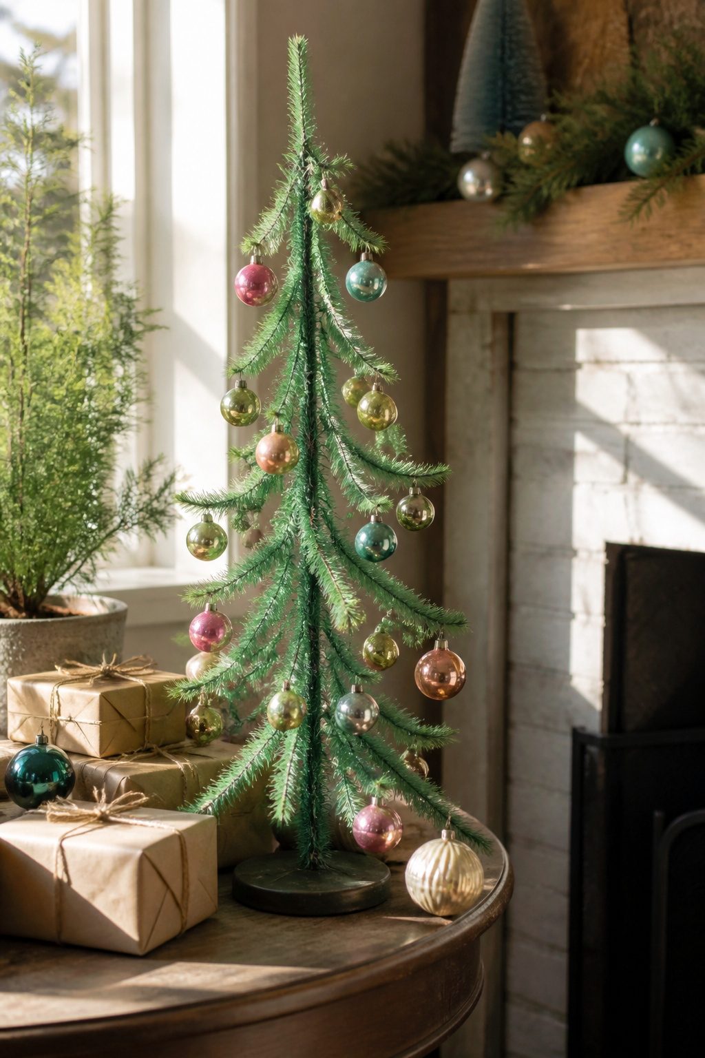 Vintage Christmas Display: Ornaments, Trees, Cards & Ephemera 8 A feather tree decorated with Shiny-Brite ornaments and wrapped gifts.