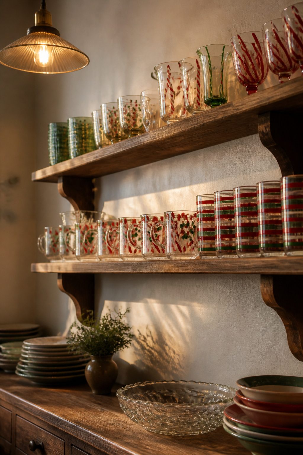 Vintage Christmas Display: Ornaments, Trees, Cards & Ephemera 7 A collection of holiday glassware on open kitchen shelving.