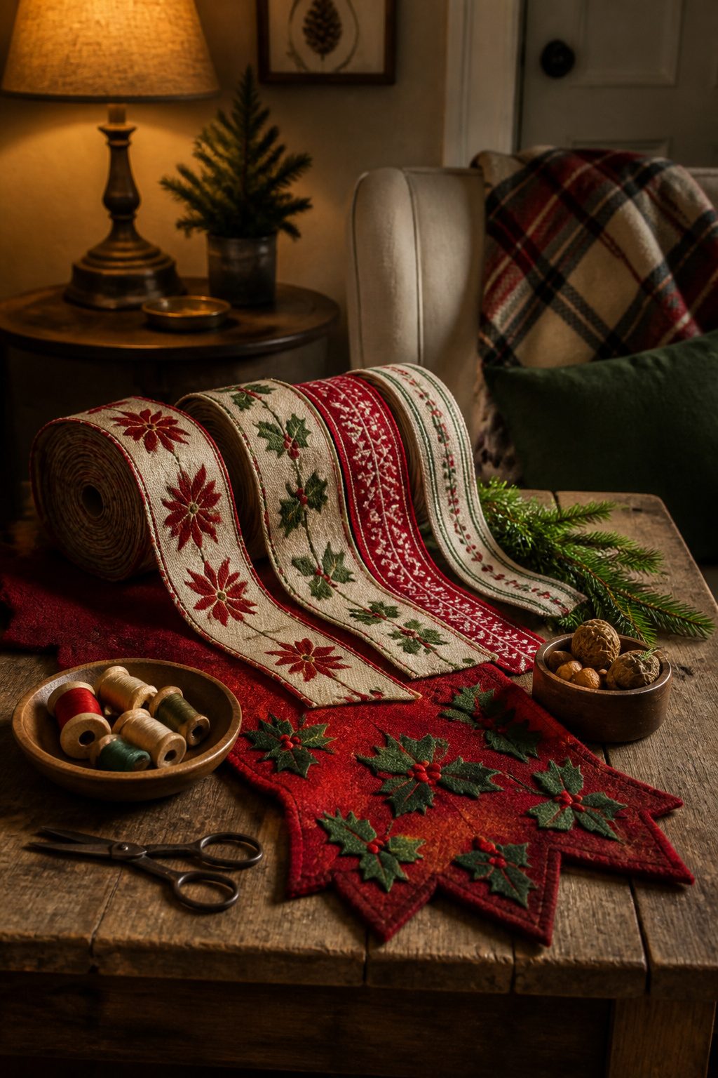 Vintage Christmas Display: Ornaments, Trees, Cards & Ephemera 16 A display of vintage ribbons and textiles on a wooden table.