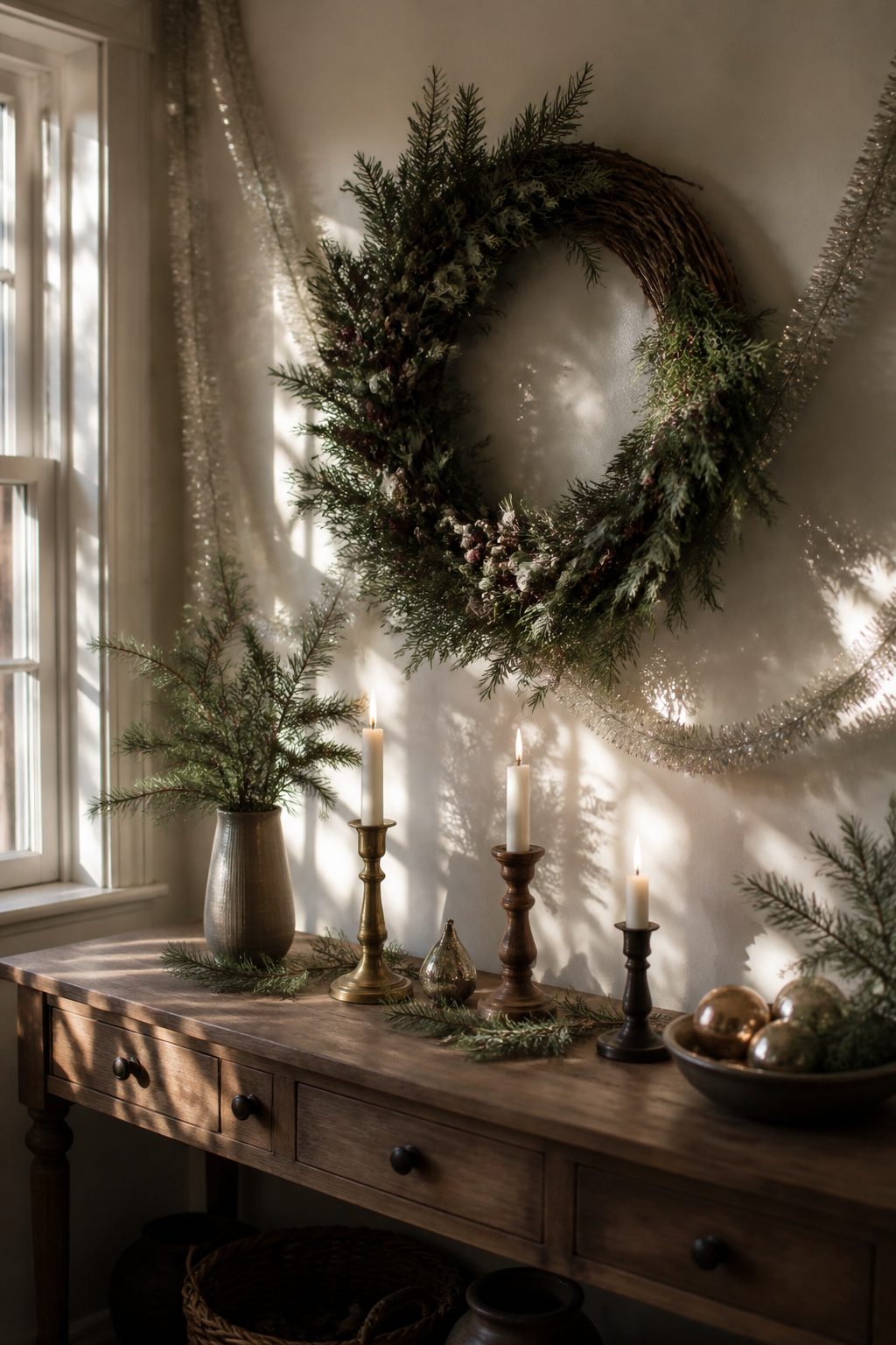 Vintage Christmas Display: Ornaments, Trees, Cards & Ephemera 17 A vintage wreath and garlands displayed on a wall.