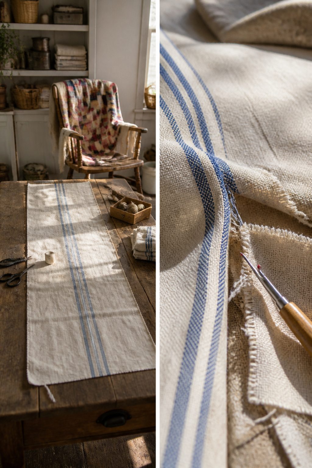 Vintage Grain Sack Table Runner: Methods, Materials and Sources 4 A grain sack being pulled apart to expose the seam for cutting.