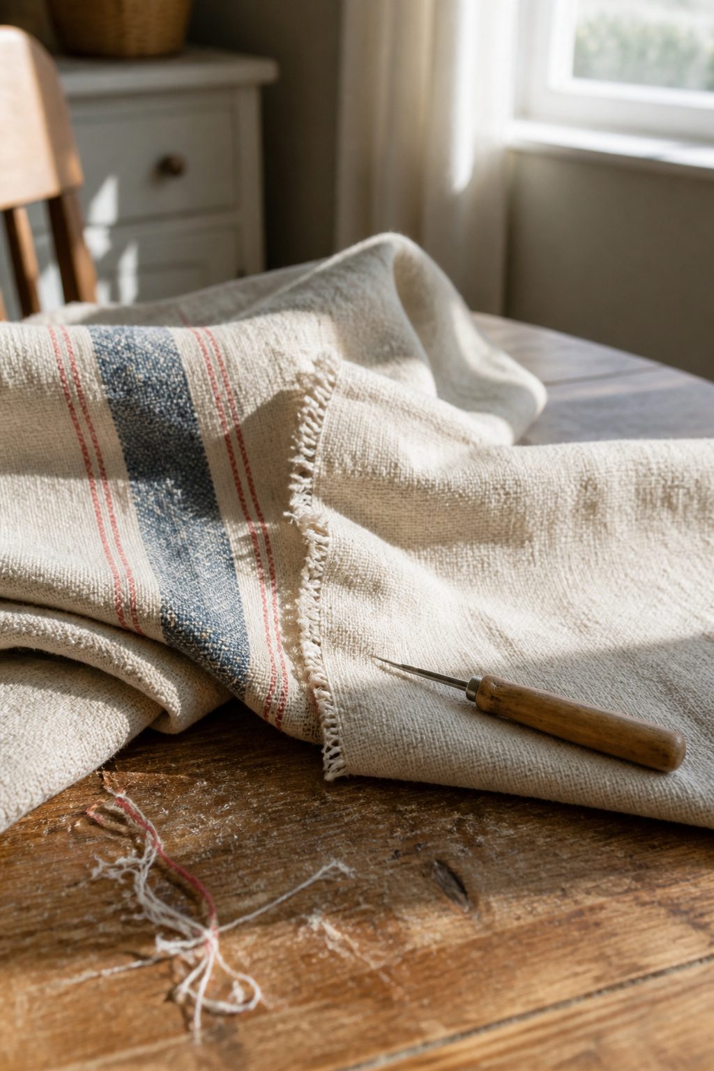 Vintage Grain Sack Table Runner: Methods, Materials and Sources 3 A close-up of a seam ripper poised to cut a grain sack seam.