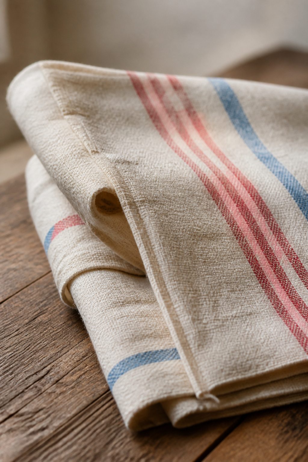 Vintage Grain Sack Table Runner: Methods, Materials and Sources 11 A pair of sharp sewing scissors cutting an old grain sack seam.