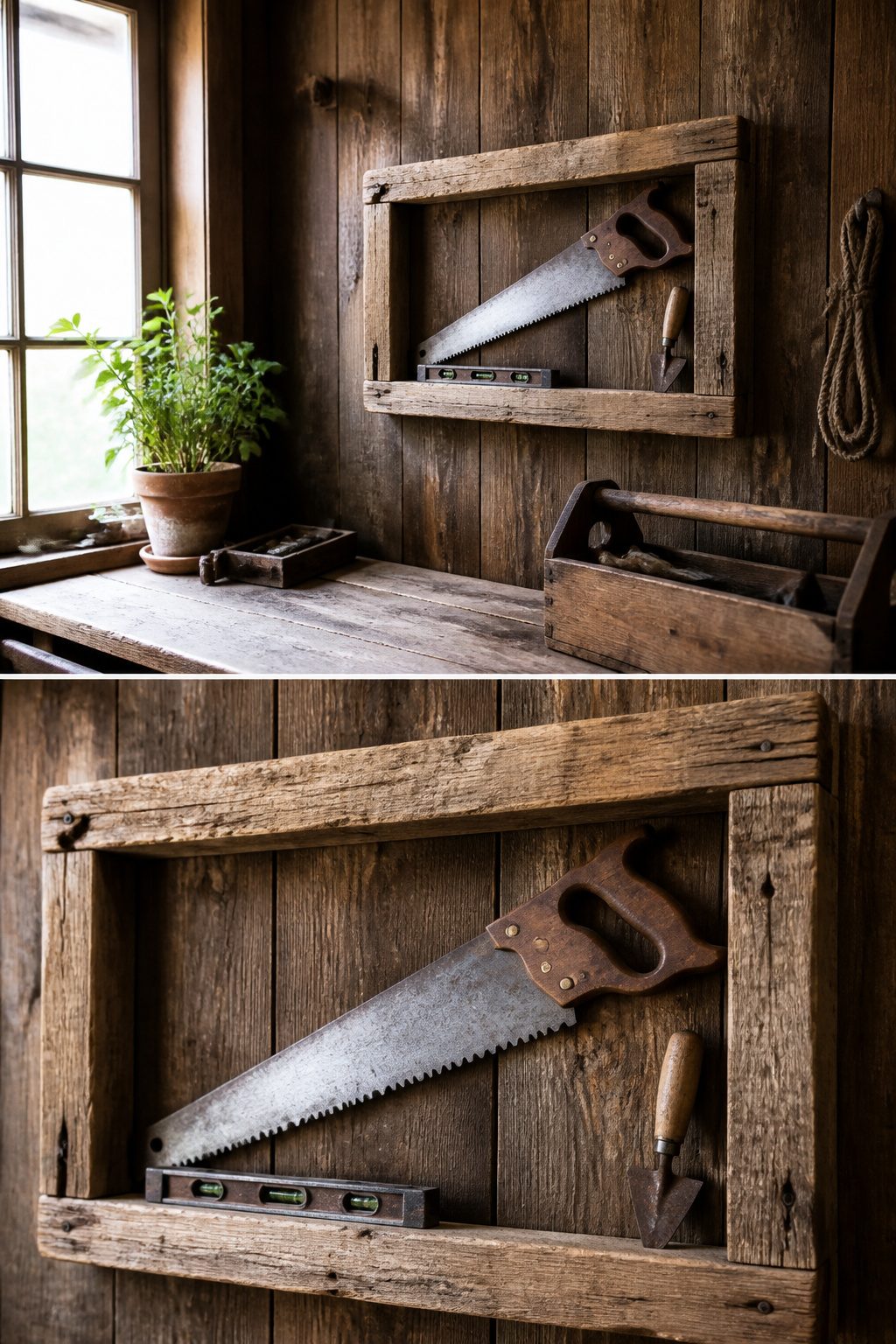 Vintage Tool Decor: Ideas for Flower Displays, Frames and Garden Art 2 A handsaw and smaller tools framed in a rustic pallet wood display.