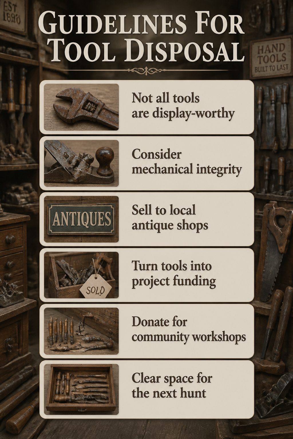 Vintage Tool Decor: Ideas for Flower Displays, Frames and Garden Art 10 Information on how to dispose of vintage tools responsibly.