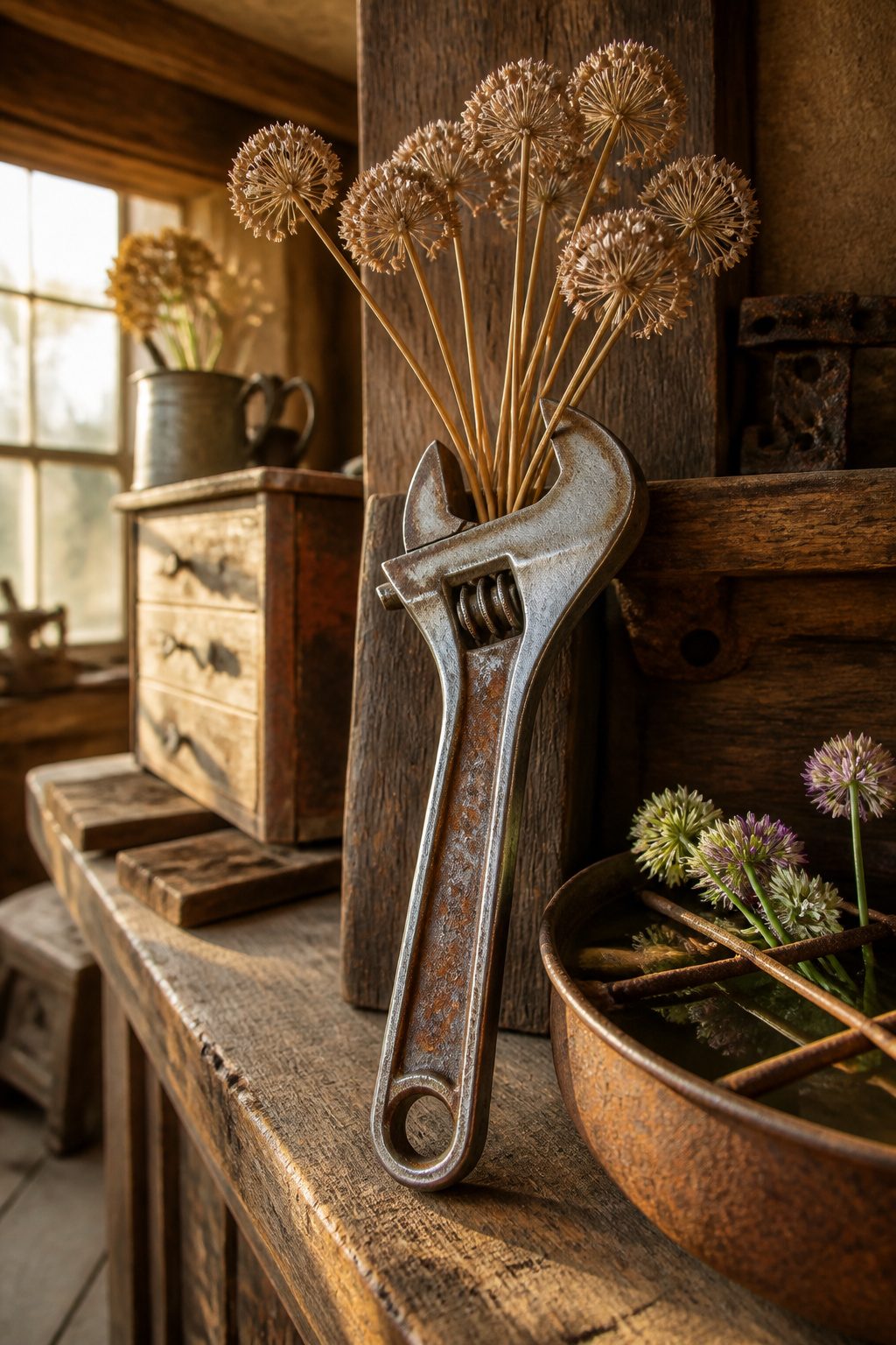 Vintage Tool Decor: Ideas for Flower Displays, Frames and Garden Art 1 Dried flowers arranged in an adjustable wrench on a surface.