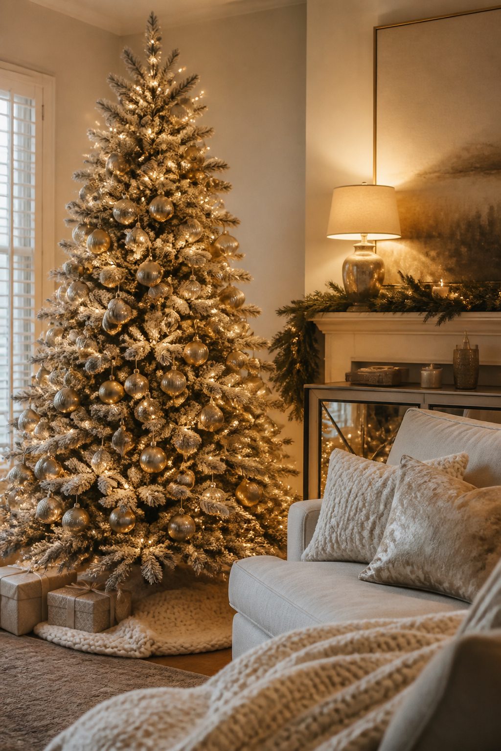A Christmas tree with warm white lights and metallic ornaments.