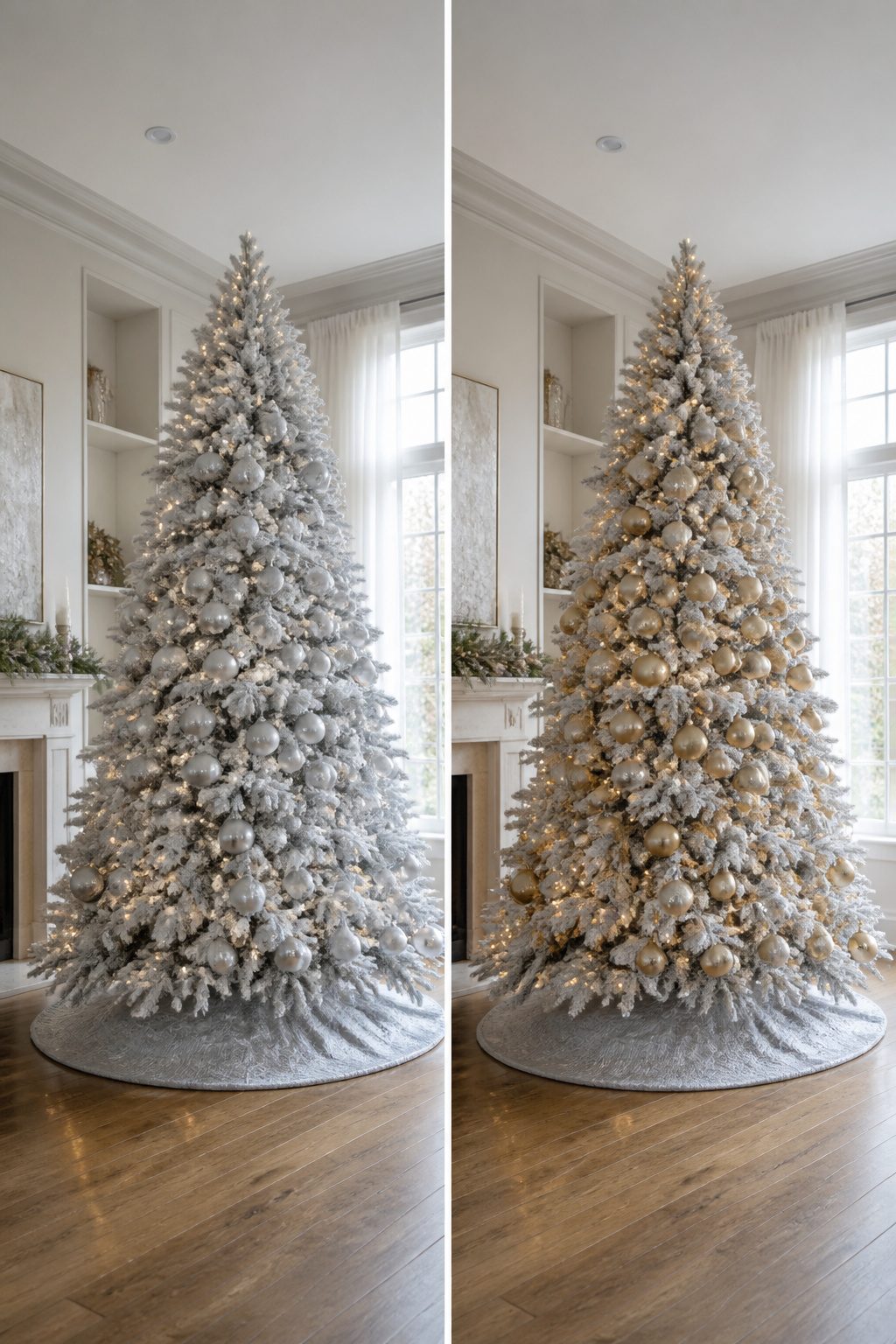 A flocked Christmas tree showcasing white, silver, and gold decorations.
