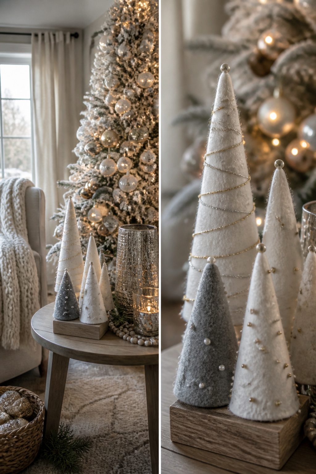 Handmade decorations and banners on a Christmas tree.