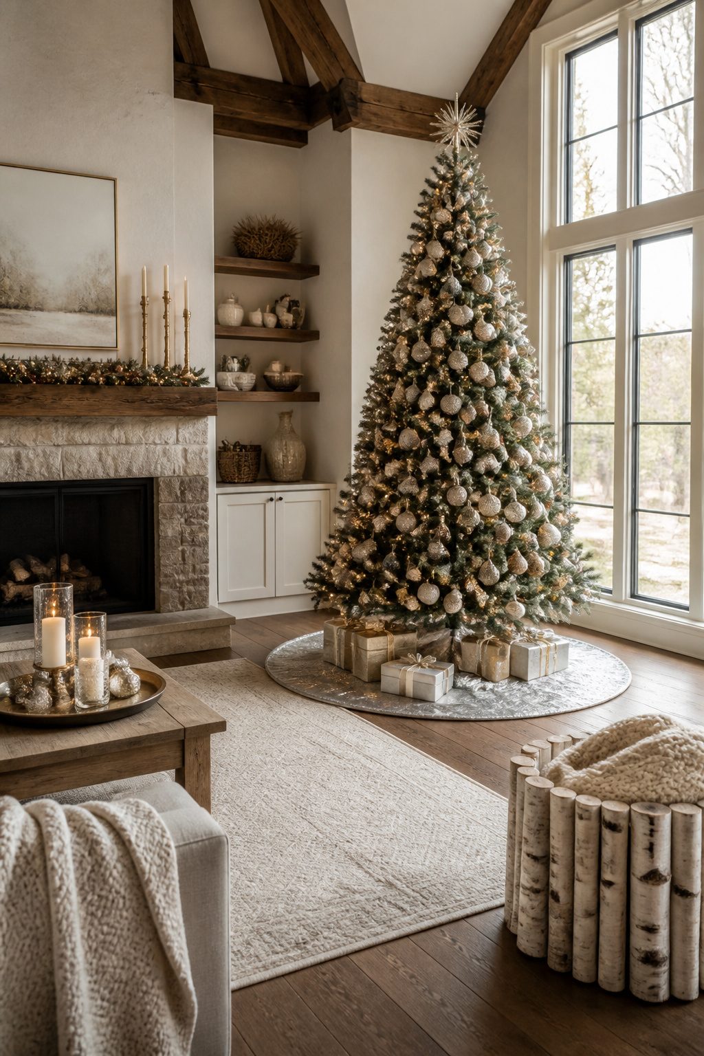 A Christmas tree with a silver-tinged skirt and presents underneath.