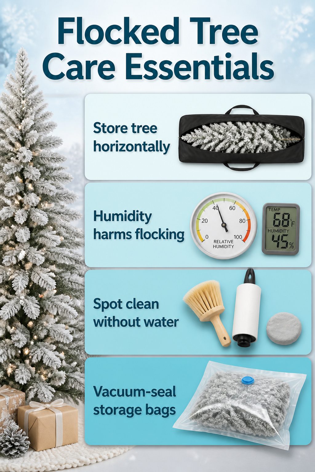 Instructions for caring for a flocked Christmas tree.