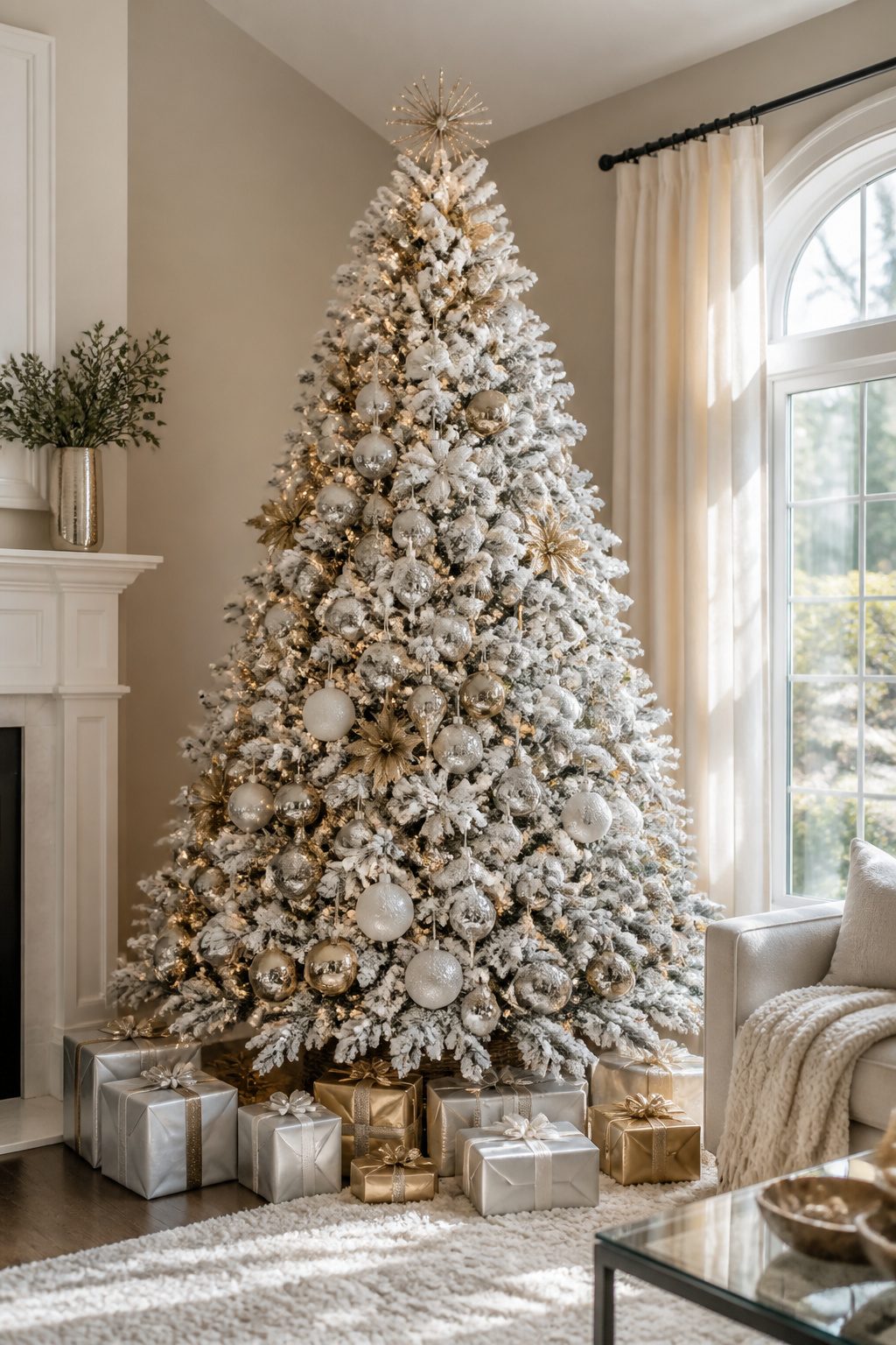 A Christmas tree decorated with white, silver, and gold ornaments.