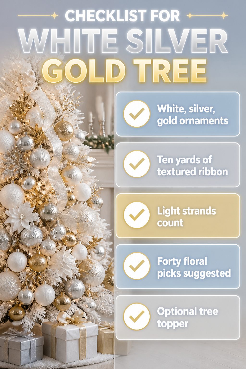 A checklist listing supplies for a Christmas tree decoration.