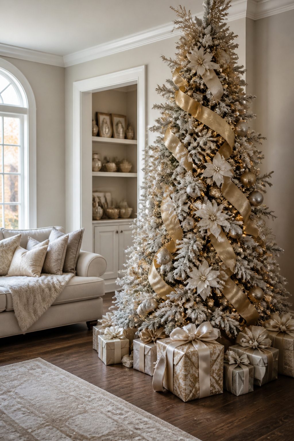 A Christmas tree decorated with ribbons and floral accents.