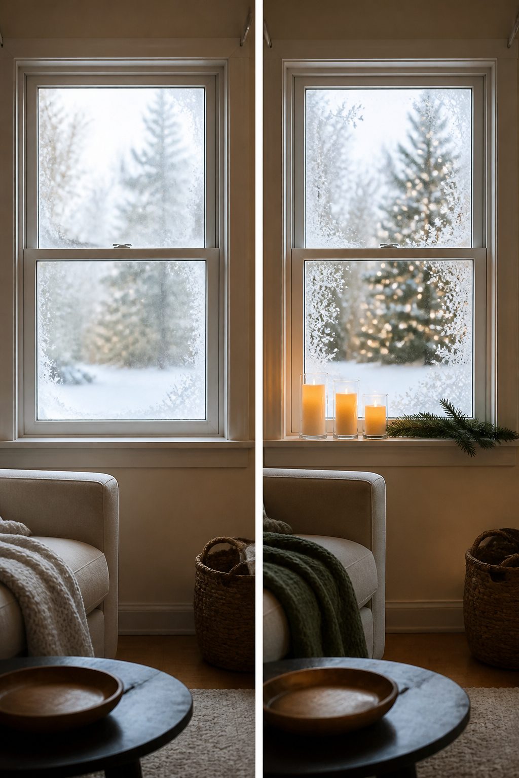 A collection of LED candles on a window sill, softly illuminating the space.