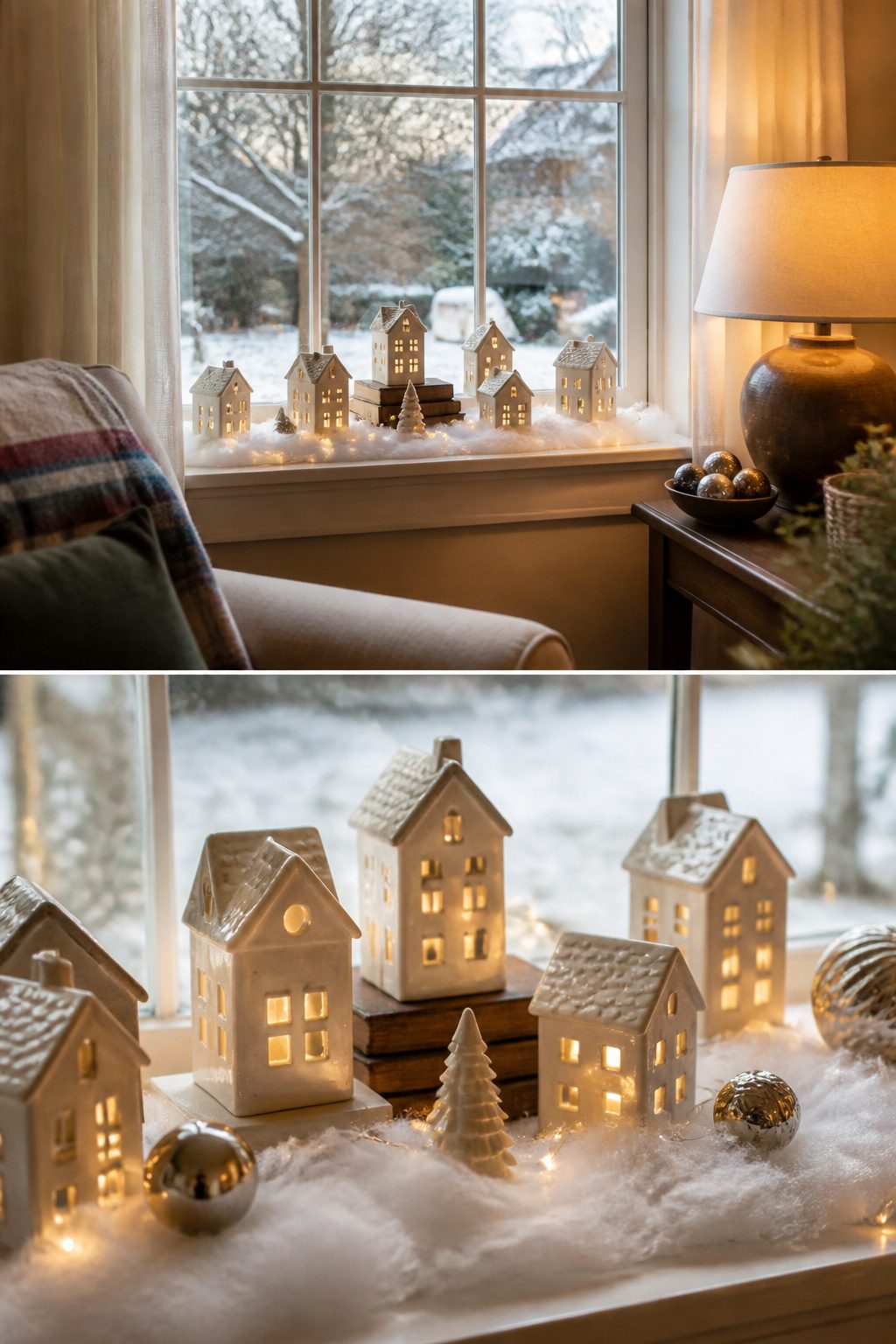 A Christmas village with stacked buildings on a window sill.