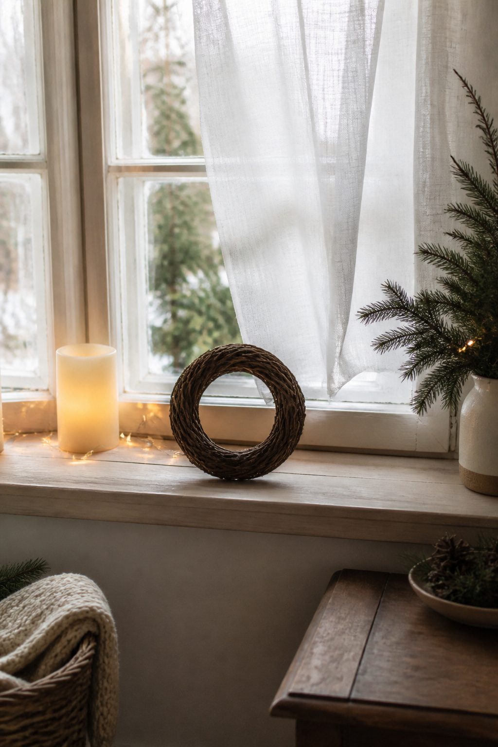 A grapevine wreath and fairy lights on a light-colored window sill.