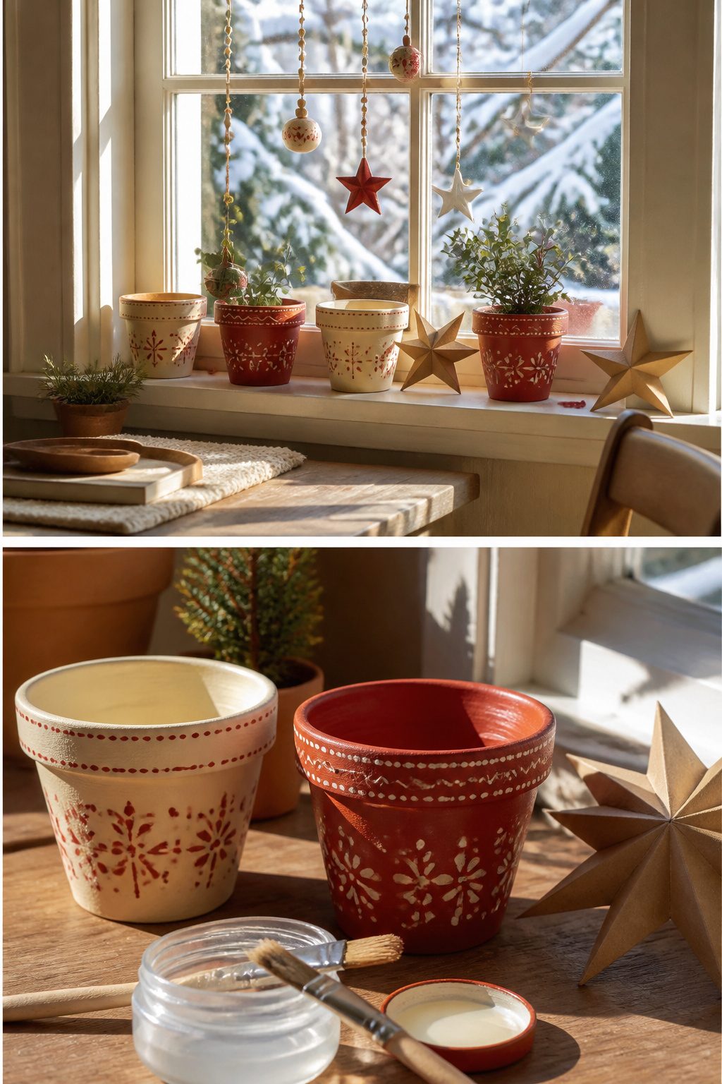 Colorfully painted terracotta pots placed on a window sill.