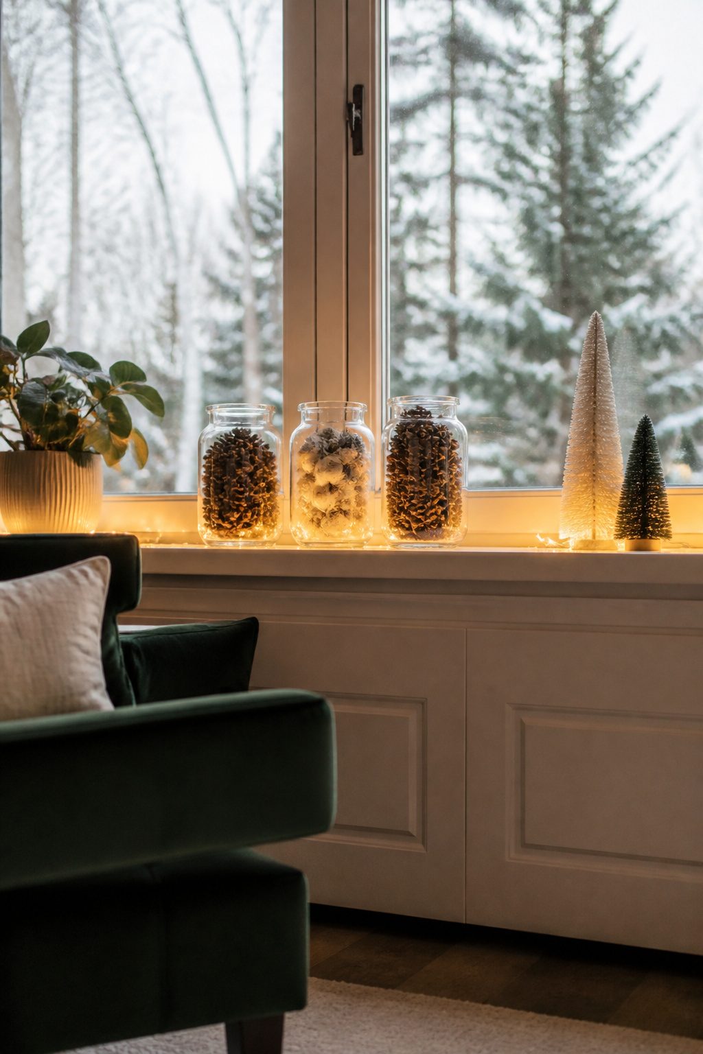 A strand of fairy lights draped on a window sill, providing soft illumination.