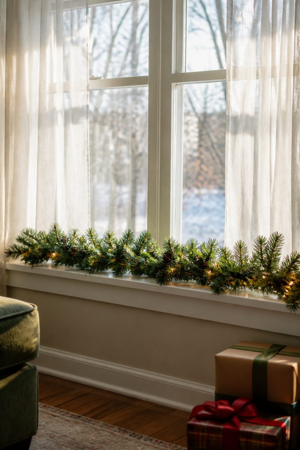 Artificial garland with lights arranged along a standard window sill.