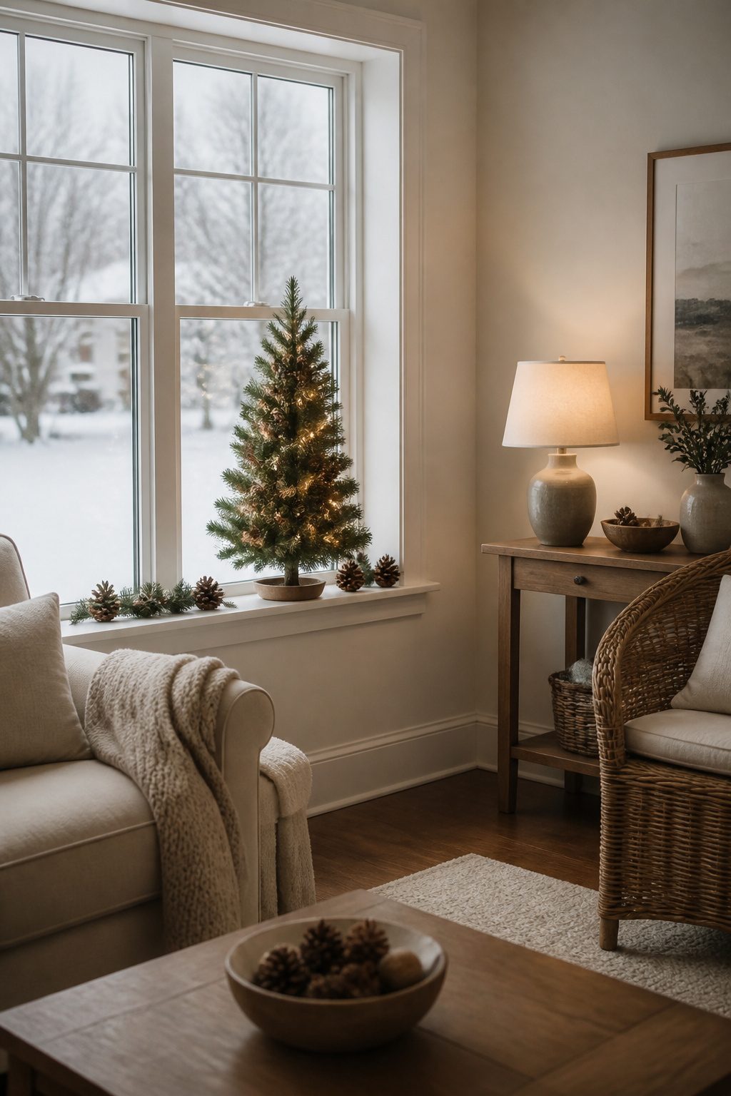 A small artificial Christmas tree on a window sill with a weighted base.