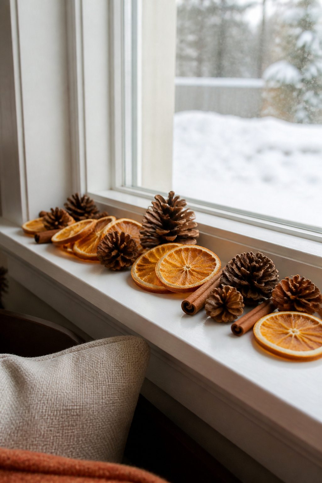 A display of dried orange slices and pine cones on a window sill.