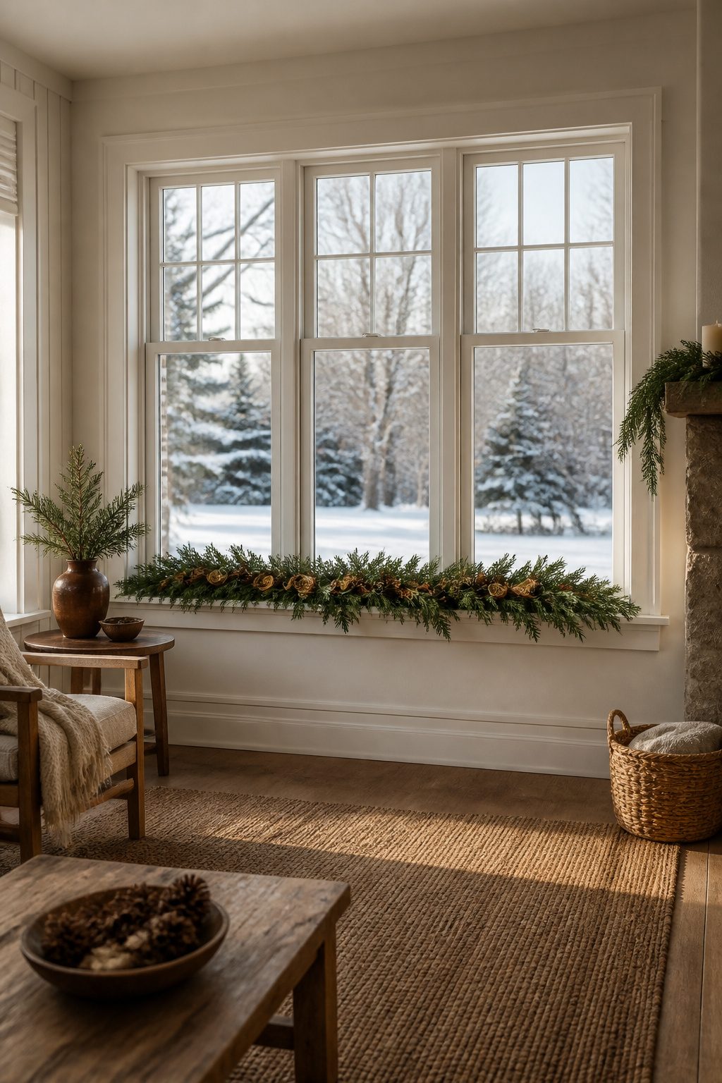 Cedar branches arranged on a window sill for a festive look.