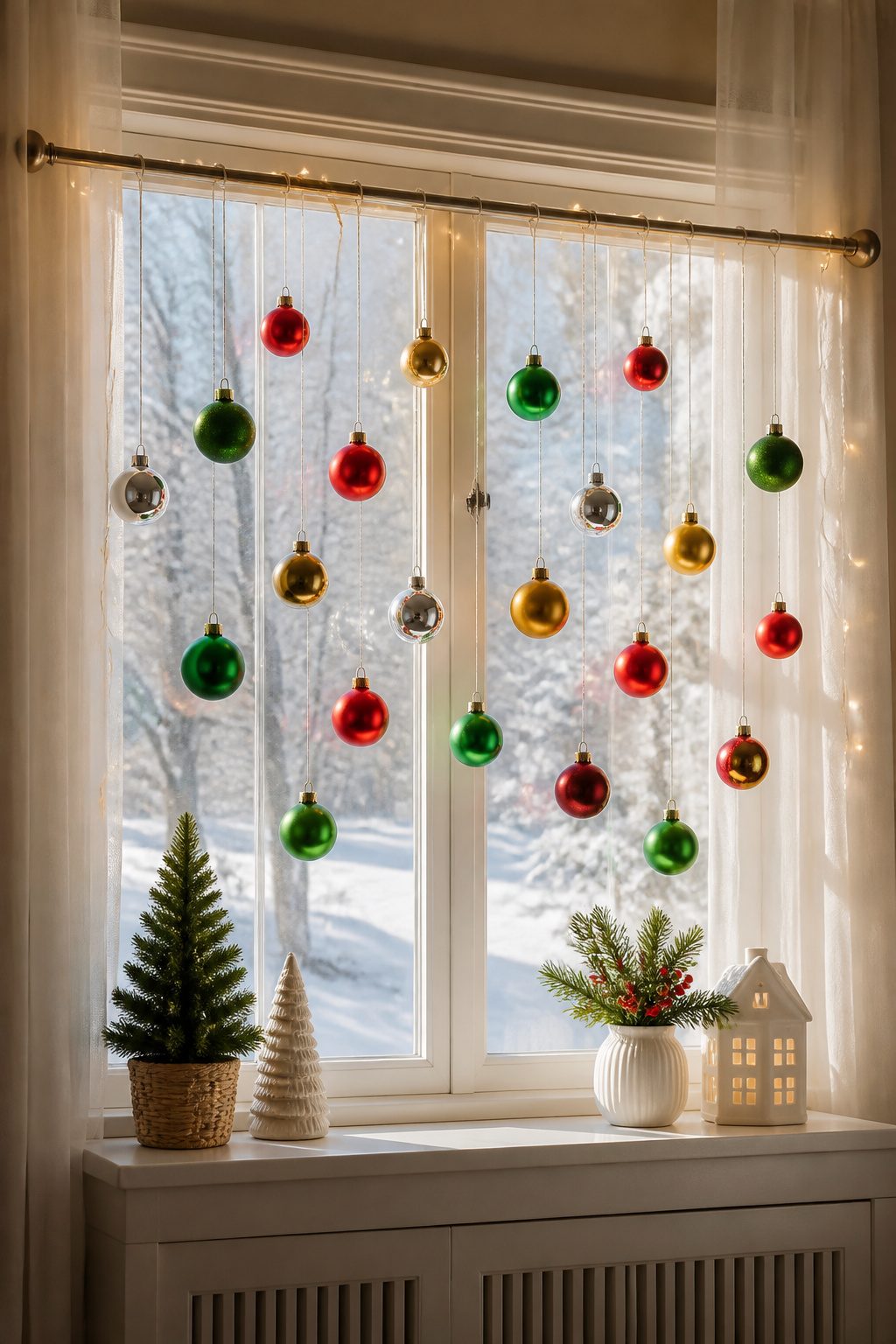 Colorful ornaments suspended on a tension rod above a window sill.