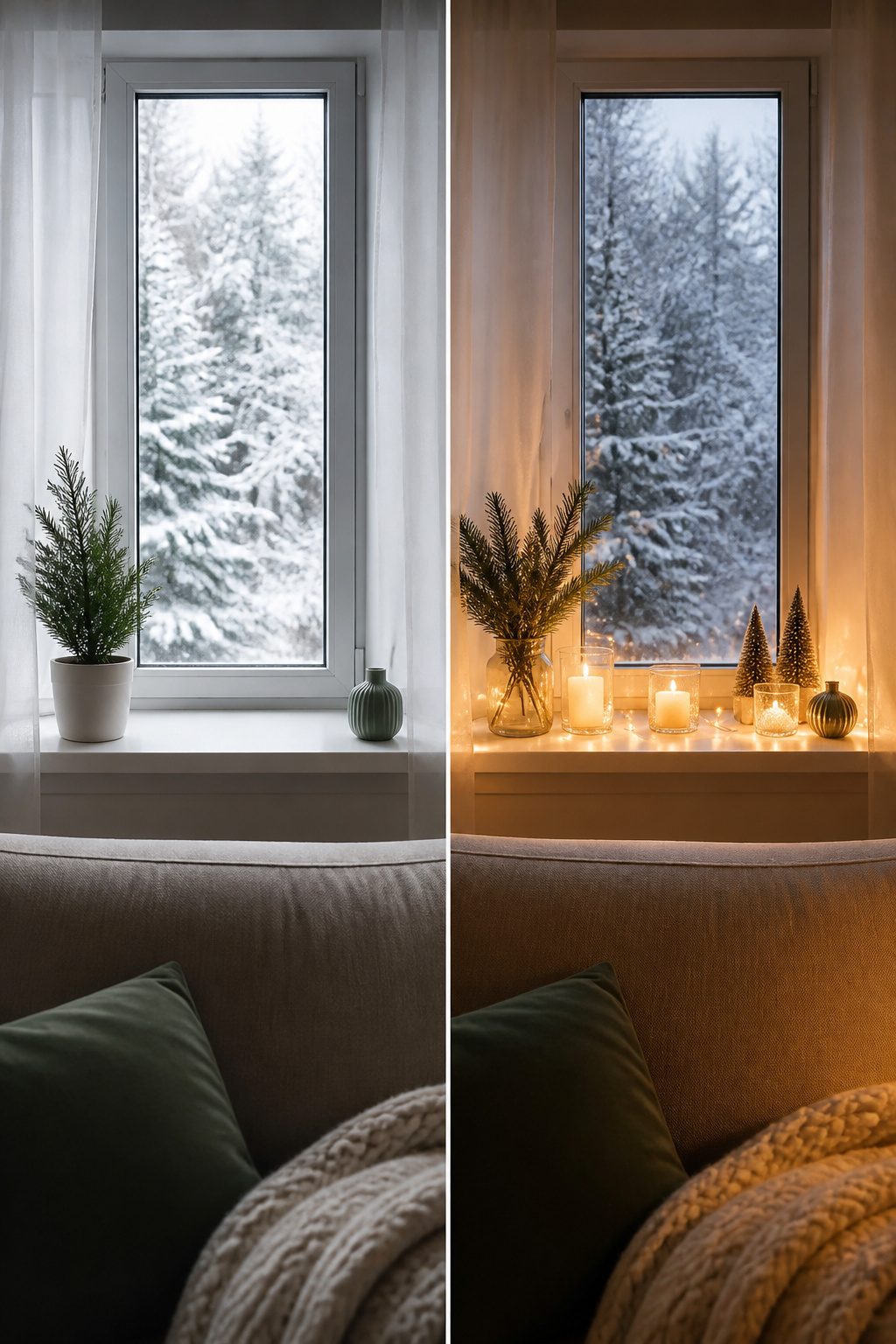 Candles and lights illuminating a window sill in a cozy setting.