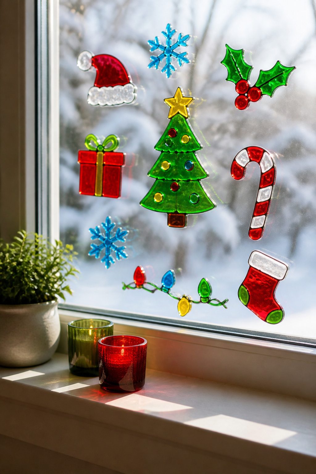 Colorful gel clings and stickers applied to a window for Christmas decoration.