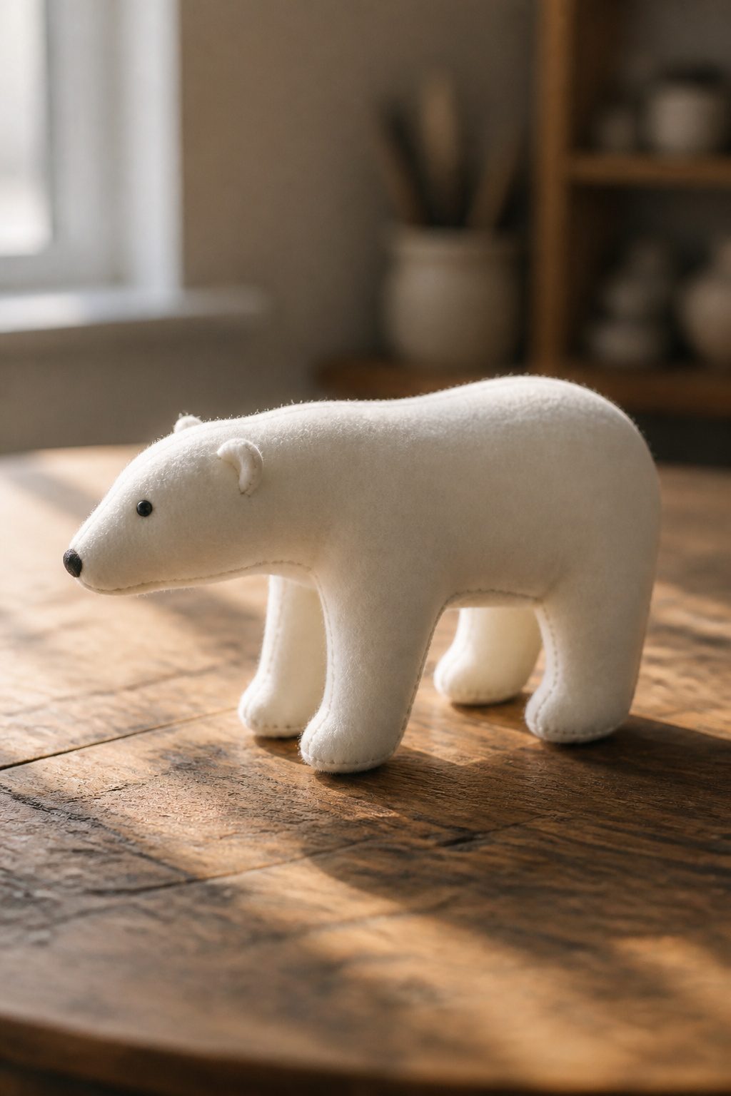 10 Winter Crafts for Adults to Make in 2026 4 A polar bear toy constructed from fabric pieces and sewn together.