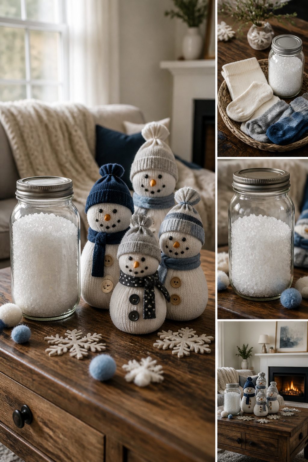 10 Winter Crafts for Adults to Make in 2026 7 Mason jars filled with Epsom salt and decorated as snowmen.