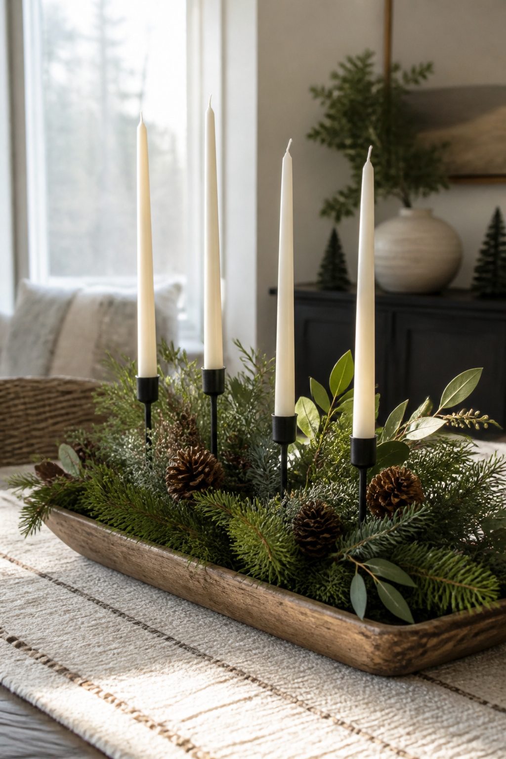 10 Winter Crafts for Adults to Make in 2026 10 A centerpiece with candles and pinecones arranged on a tray.