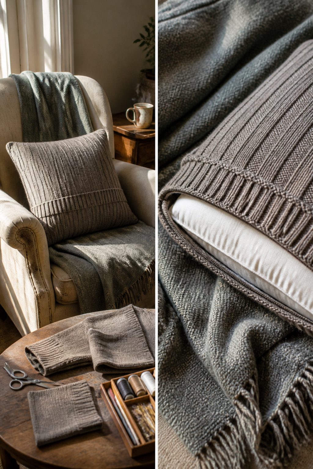 10 Winter Crafts for Adults to Make in 2026 3 A sweater cut into pieces for DIY projects like pillows and mittens.