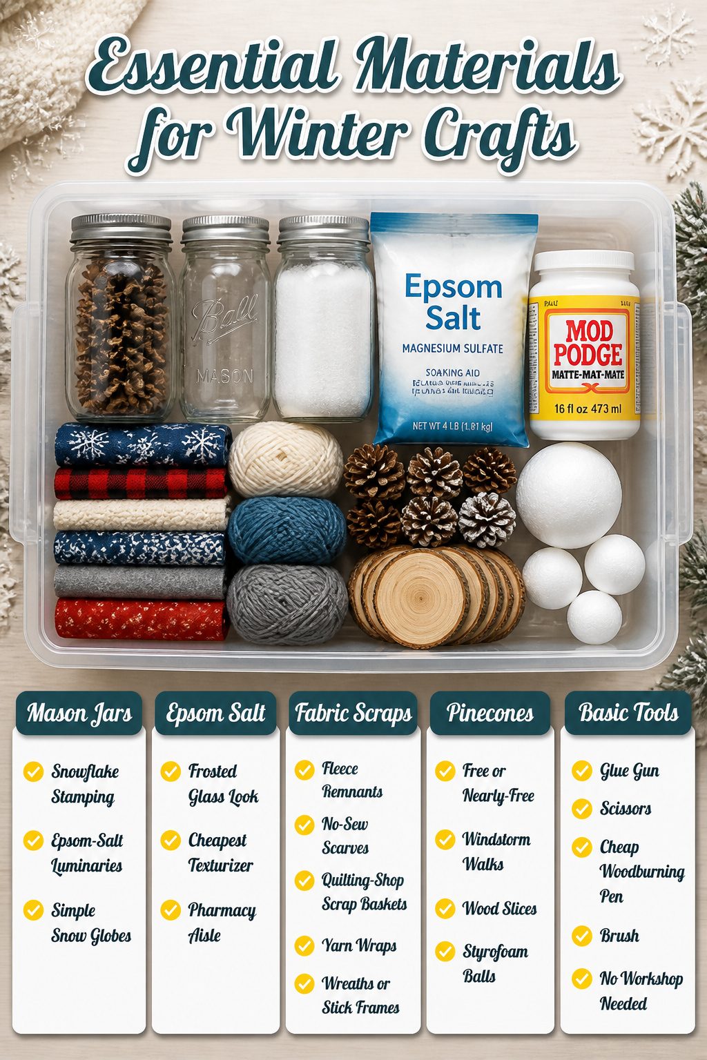 10 Winter Crafts for Adults to Make in 2026 11 A collection of crafting supplies like mason jars and Mod Podge.